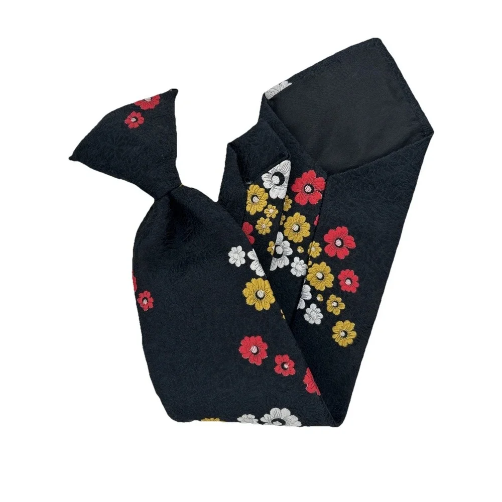 Clip On‎ Neck Tie, Black, Marigold Yellow, Ruby Red & White Flowers On Blk